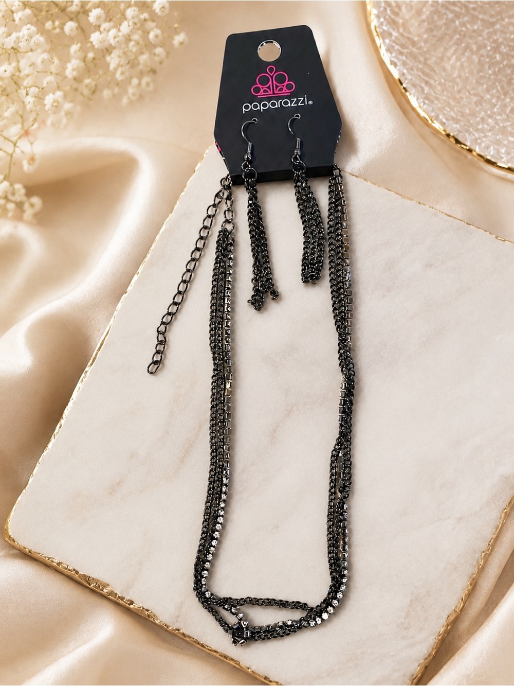 paparazzi Black Layered Chain Choker Necklace with Matching Drop Earrings